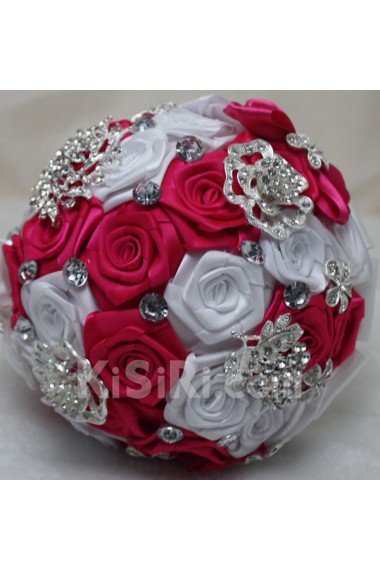 Round Shape Red and White Satin Flowers Wedding Bridal Bouquet with Rhinestone