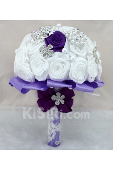 Round Shape Purple and White Satin Flowers Wedding Bridal Bouquet with Rhinestone and Imitation Pearls