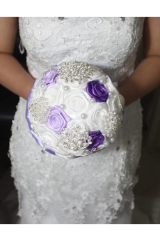 Round Shape Purple and White Satin Flowers Wedding Bridal Bouquet with Rhinestone and Imitation Pearls