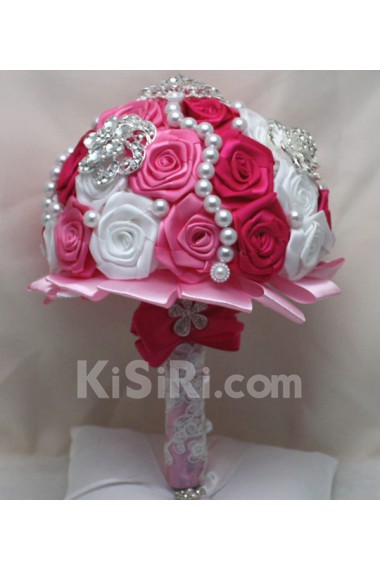 Round Shape Pink and Fuchsia and White Satin Flowers Wedding Bridal Bouquet with Rhinestone and Imitation Pearls