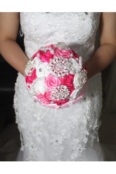 Round Shape Pink and Fuchsia and White Satin Flowers Wedding Bridal Bouquet with Rhinestone and Imitation Pearls