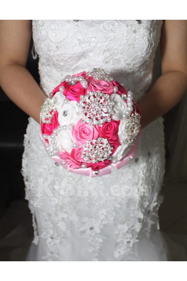 Round Shape Pink and Fuchsia and White Satin Flowers Wedding Bridal Bouquet with Rhinestone and Imitation Pearls