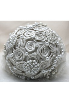 Round Shape White Satin Imitation Pearls Wedding Bridal Bouquet with Rhinestone