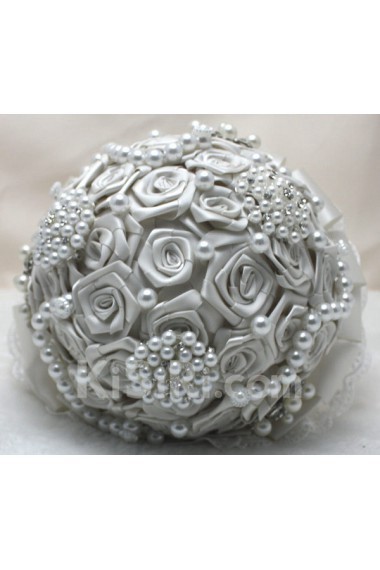 Round Shape White Satin Imitation Pearls Wedding Bridal Bouquet with Rhinestone