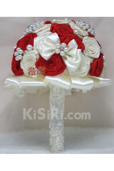 Round Shape Ivory and Red Silk Imitation Pearls Wedding Bridal Bouquet with Rhinestone