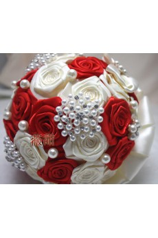 Round Shape Ivory and Red Silk Imitation Pearls Wedding Bridal Bouquet with Rhinestone