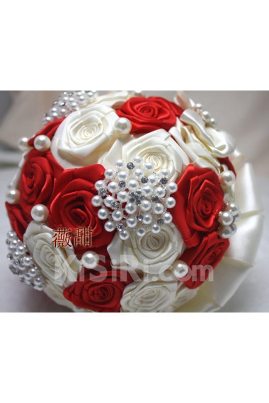 Round Shape Ivory and Red Silk Imitation Pearls Wedding Bridal Bouquet with Rhinestone