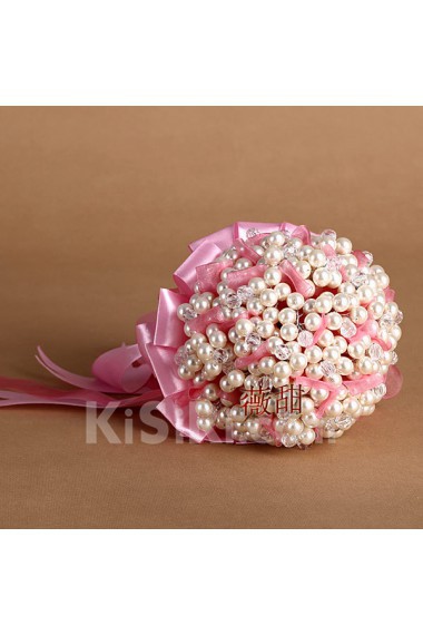 Round Shape Pink Silk Imitation Pearls Wedding Bridal Bouquet with Crystsl