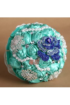 Round Shape Green Silk Rhinestone Wedding Bridal Bouquet with Imitation Pearls