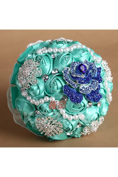 Round Shape Green Silk Rhinestone Wedding Bridal Bouquet with Imitation Pearls