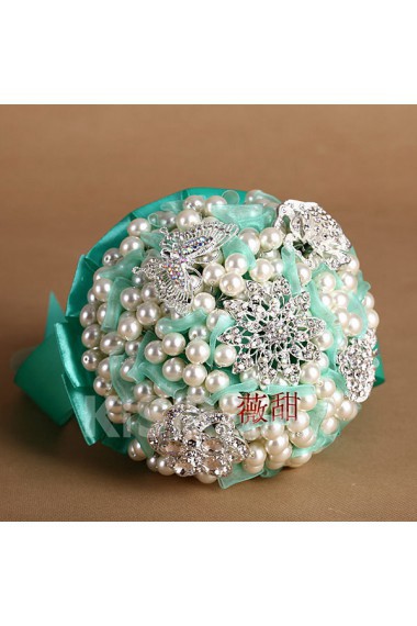 Round Shape Green Silk Imitation Pearls Wedding Bridal Bouquet with Rhinestone