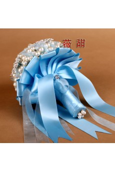 Round Shape Blue Silk Imitation Pearls Wedding Bridal Bouquet with Rhinestone