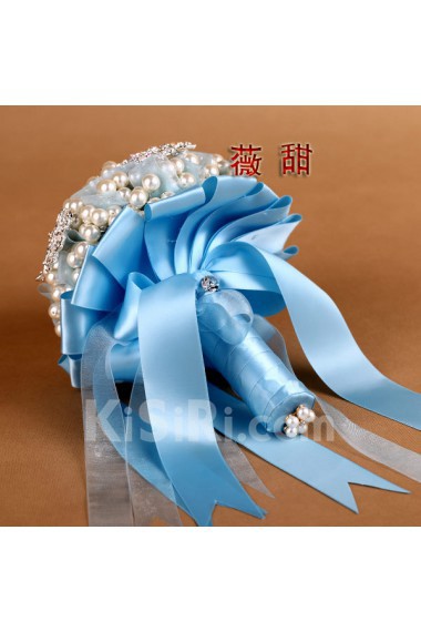 Round Shape Blue Silk Imitation Pearls Wedding Bridal Bouquet with Rhinestone