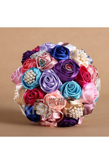 Round Shape Colored Silk Wedding Bridal Bouquet with Imitation Pearls