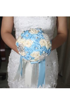 Round Shape Blue and Ivory Fabric Wedding Bridal Bouquet with Rhinestone and Imitation Pearls