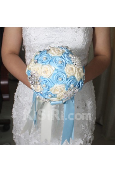 Round Shape Blue and Ivory Fabric Wedding Bridal Bouquet with Rhinestone and Imitation Pearls