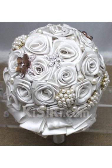 Elegant Round Shape Red Fabric Flowers Wedding Bridal Bouquet with Rhinestone and Imitation Pearls