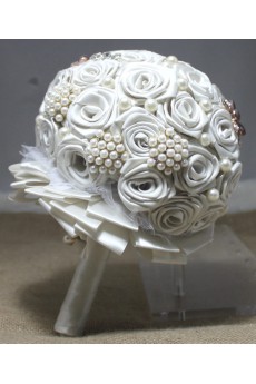 Elegant Round Shape Red Fabric Flowers Wedding Bridal Bouquet with Rhinestone and Imitation Pearls