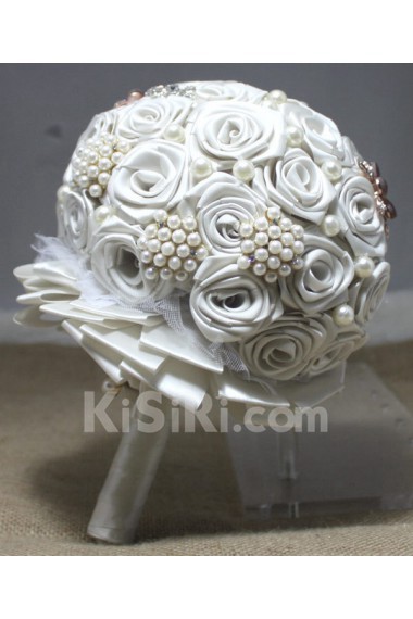 Elegant Round Shape Red Fabric Flowers Wedding Bridal Bouquet with Rhinestone and Imitation Pearls