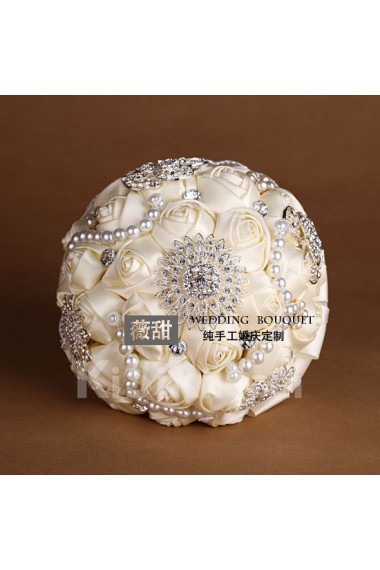 Round Shape Light White Lace Flowers Wedding Bridal Bouquet with Rhinestone and Imitation Pearls