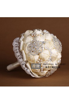 Round Shape Light White Lace Flowers Wedding Bridal Bouquet with Rhinestone and Imitation Pearls