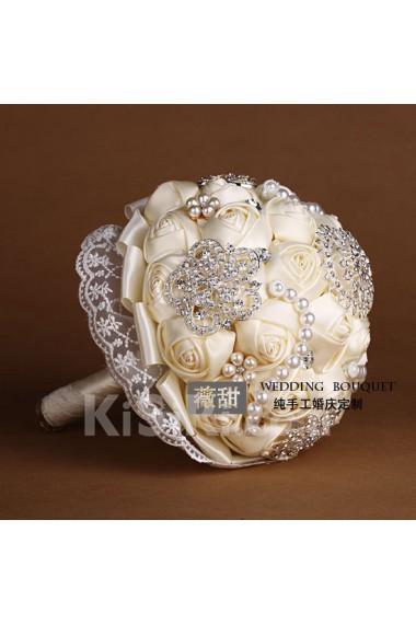 Round Shape Light White Lace Flowers Wedding Bridal Bouquet with Rhinestone and Imitation Pearls