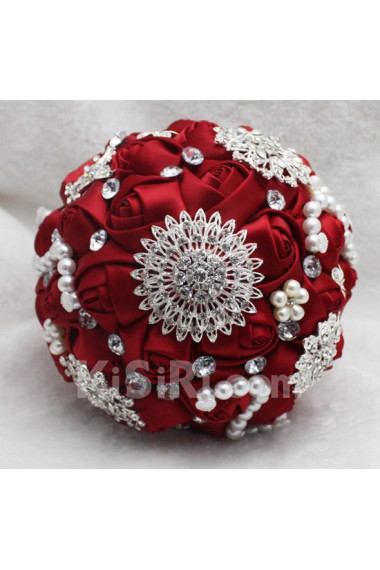 Round Shape Burgundy Lace Flowers Wedding Bridal Bouquet with Rhinestone and Imitation Pearls