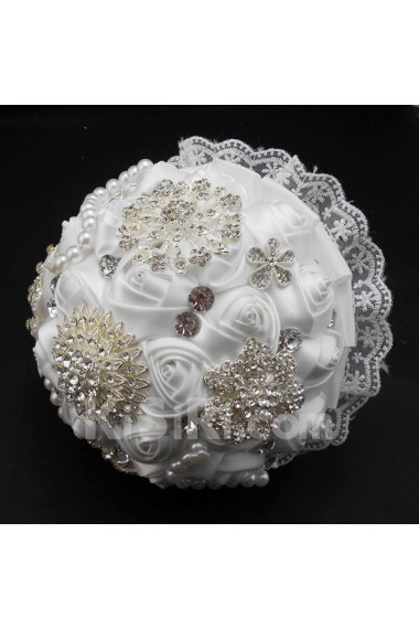 Round Shape White Lace Flowers Wedding Bridal Bouquet with Rhinestone and Imitation Pearls