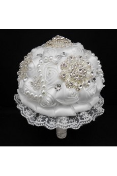 Round Shape White Lace Flowers Wedding Bridal Bouquet with Rhinestone and Imitation Pearls