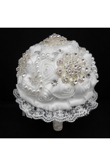 Round Shape White Lace Flowers Wedding Bridal Bouquet with Rhinestone and Imitation Pearls