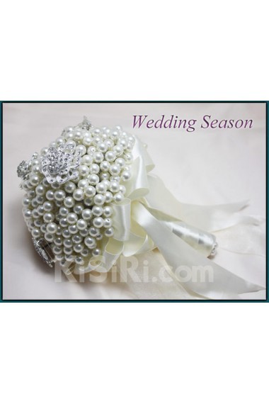 White Fabric and Imitation Pearls Wedding Bridal Bouquet with Rhinestone