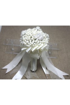 White Fabric and Imitation Pearls Wedding Bridal Bouquet with Rhinestone