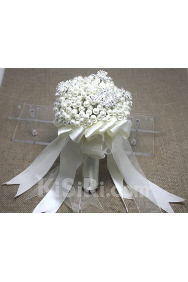 White Fabric and Imitation Pearls Wedding Bridal Bouquet with Rhinestone