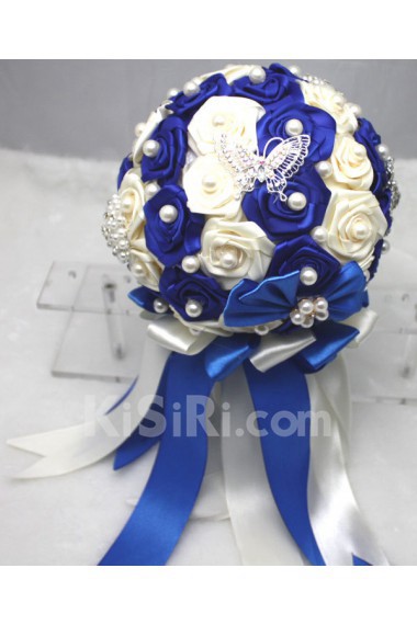 Round Shape Ivory and Royal Blue Satin Wedding Bridal Bouquet with Imitation Pearls