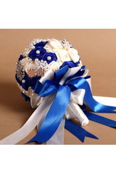 Round Shape Ivory and Royal Blue Satin Wedding Bridal Bouquet with Imitation Pearls