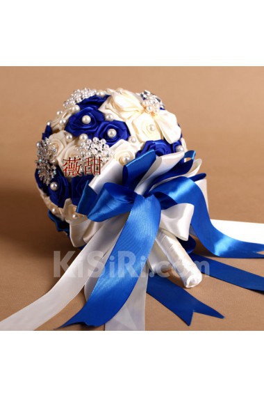 Round Shape Ivory and Royal Blue Satin Wedding Bridal Bouquet with Imitation Pearls