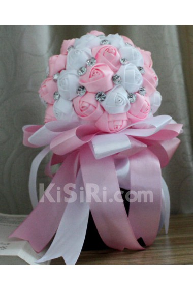 Round Shape Pink and White Fabric Wedding Bridal Bouquet with Rhinestone