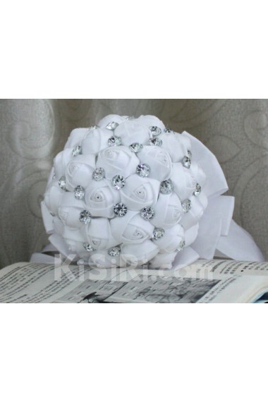 Round Shape White Fabric Wedding Bridal Bouquet with Rhinestone