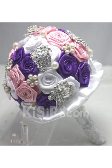 Round Shape Purple and White and Pink Fabric Wedding Bridal Bouquet with Imitation Pearls and Rhinestone