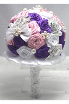 Round Shape Purple and White and Pink Fabric Wedding Bridal Bouquet with Imitation Pearls and Rhinestone