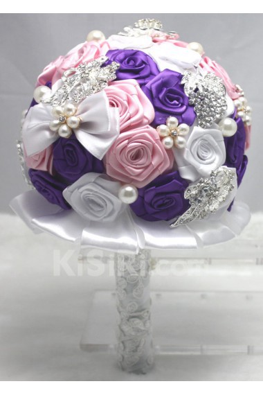 Round Shape Purple and White and Pink Fabric Wedding Bridal Bouquet with Imitation Pearls and Rhinestone