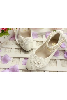 Lace Imitation Pearls Wedding Shoes with Silk Ribbon