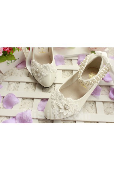 Lace Imitation Pearls Wedding Shoes with Silk Ribbon