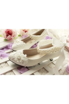 Lace Imitation Pearls Wedding Shoes with Silk Ribbon