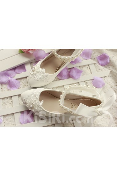 Lace Imitation Pearls Wedding Shoes with Silk Ribbon