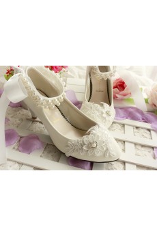 Lace Imitation Pearls Wedding Shoes with Silk Ribbon