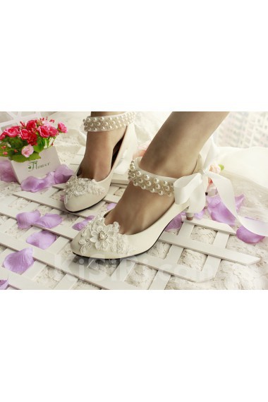 Lace Imitation Pearls Wedding Shoes with Silk Ribbon