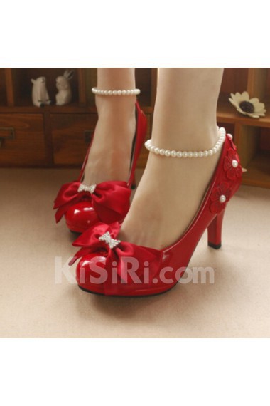 Handmade Lace Bow Wedding Shoes with Imitation Pearls and Rhinestone