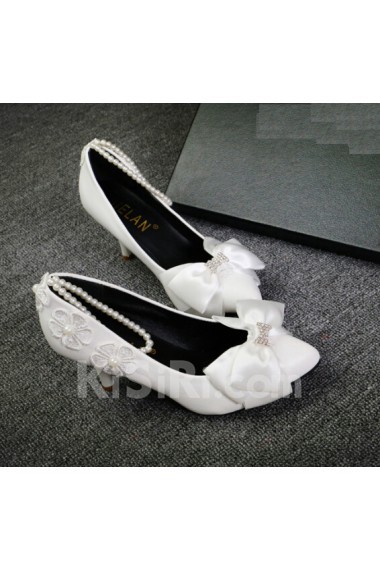 Handmade Lace Bow Wedding Shoes with Imitation Pearls and Rhinestone