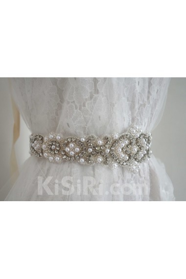 Handmade Rhinestone Wedding Sash with Imitation Pearls